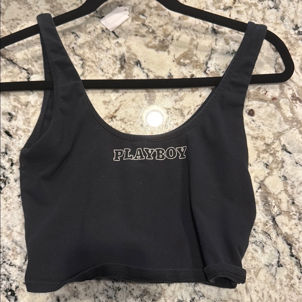 PLAYBOY Black Sleeveless Fitted Crop Tank Top